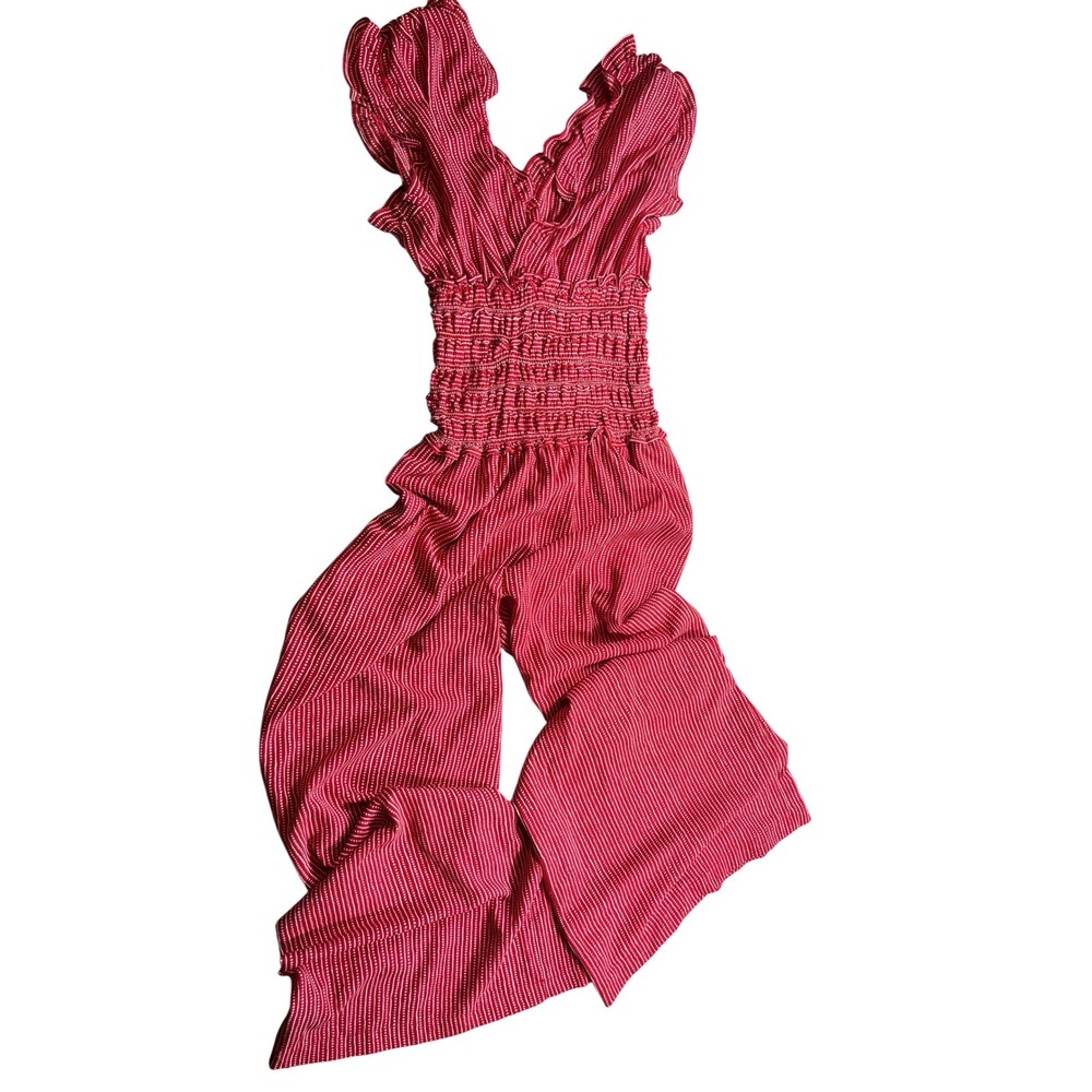 Max Studio Women's Small Red Smocked Wide Leg Jumpsuit Boho Ruffle Sleeveless